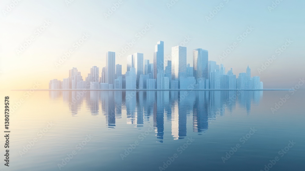 Fototapeta premium Calm futuristic city skyline reflected in water at sunrise.