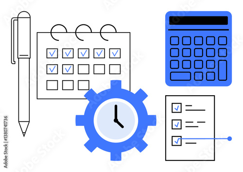 Pen, calendar with marked dates, calculator, clock gear, and task list symbolize time management, productivity, planning, organization project management professional workflow. Ideal for teamwork