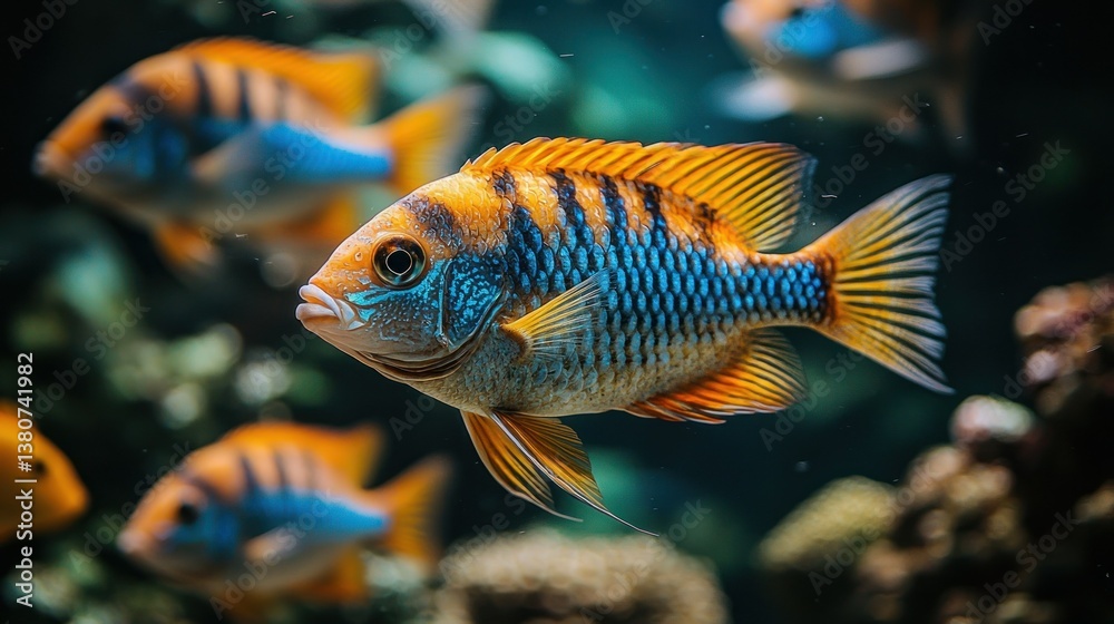 Fototapeta premium Vibrant Aquarium Fish: A Close-Up of a Striking Cichlid