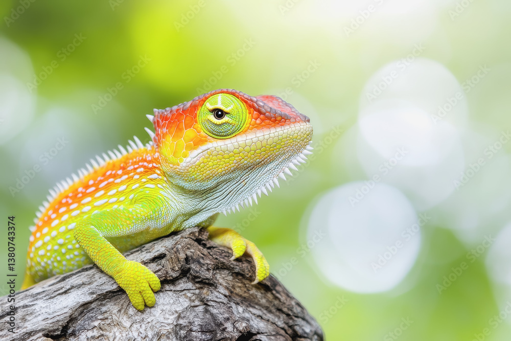 Obraz premium Vibrant 3d colorful lizard climbing on tree branch surrounded by lush greenery and natural beauty