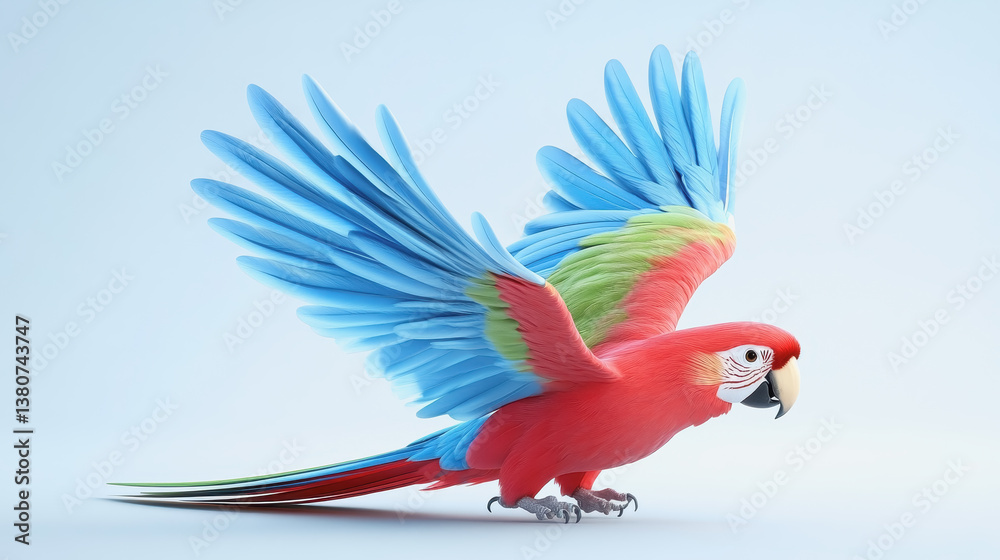 Fototapeta premium Dynamic and colorful 3d illustration of a vibrant parrot in flight against a bright and cheerful background