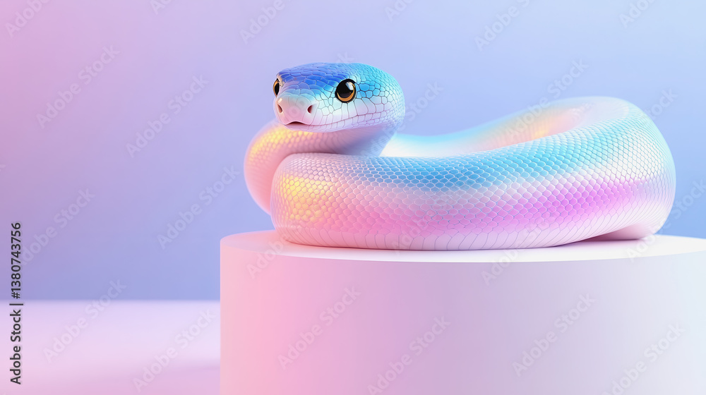 Fototapeta premium Elegant and colorful 3d illustration of a snake displaying its beauty on a white pedestal surrounded by artistic flair