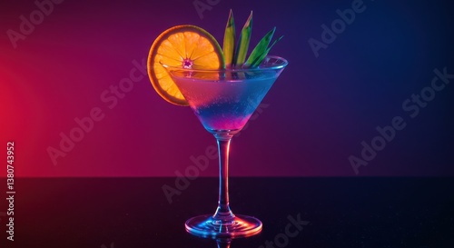 Wallpaper Mural Macro shot of colorful cocktail in martini glass with orange garnish and neon lights Torontodigital.ca