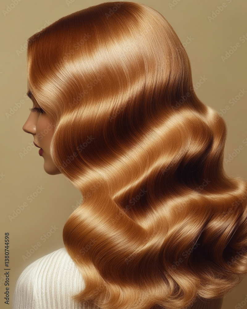 Fototapeta premium Luxurious wavy blonde hair cascading down, showcasing smooth and shiny texture. elegant hairstyle exudes sophistication