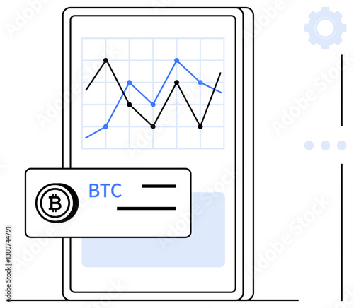 Digital chart analyzing Bitcoin price trends on a smartphone screen with a BTC label. Ideal for cryptocurrency, blockchain, trading, finance, technology, investment, economy flat simple metaphor