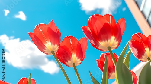 Red Tulips Against Blue Sky photo