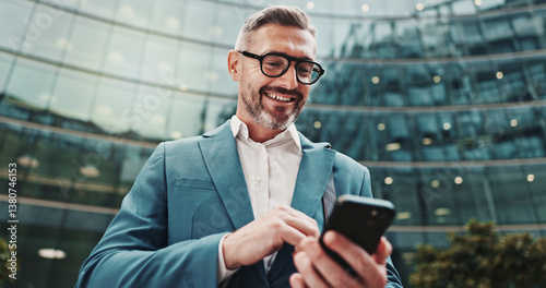 Εκτύπωση καμβά Business, smile and man in city, smartphone and internet with social media, message to contact and texting