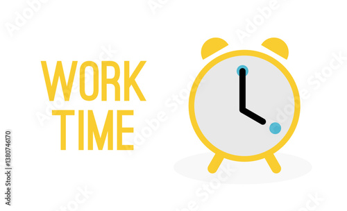 Flat Work Time Icon with Alarm Clock and Text – Vector Illustration