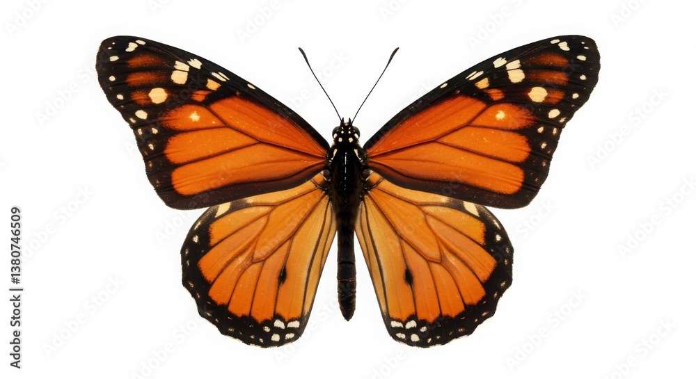 Obraz premium A detailed monarch butterfly with vibrant orange wings and intricate patterns isolated on a white background celebrating natural beauty and biodiversity