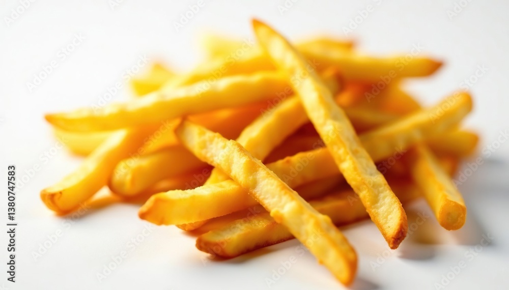 Close-up of greasy french fries on white background, potato fries, fast food Close-up of greasy french fries on white background, potato fries, fast food
