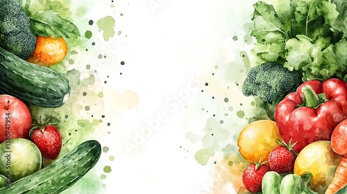 Watercolor painting of fresh fruits and vegetables creating a vibrant and healthy border