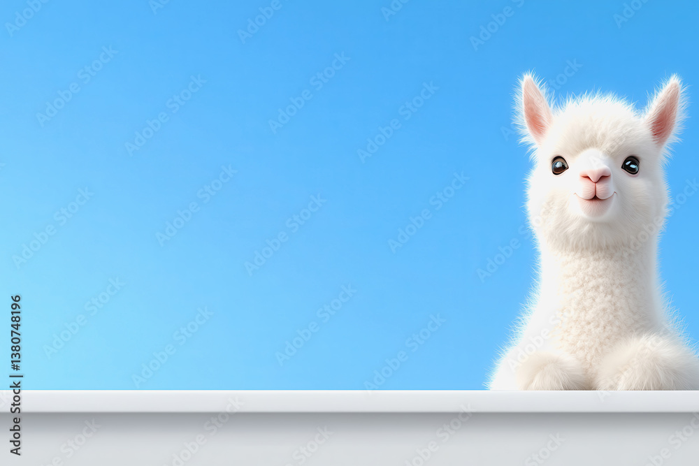 Fototapeta premium Charming 3d baby alpaca against a bright blue sky emphasizing its fluffy coat and playful nature in a joyful setting