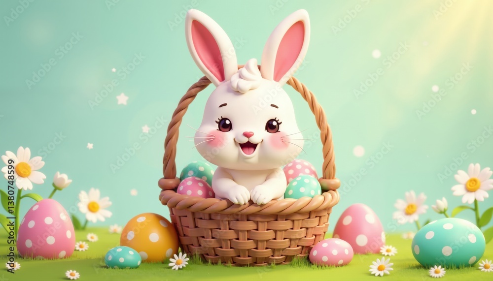 Obraz premium Easter Bunny In Basket With Eggs Featuring Playful Easter Theme And Whimsical Character Design For Festive Branding And Seasonal Marketing Campaigns, AI Generated
