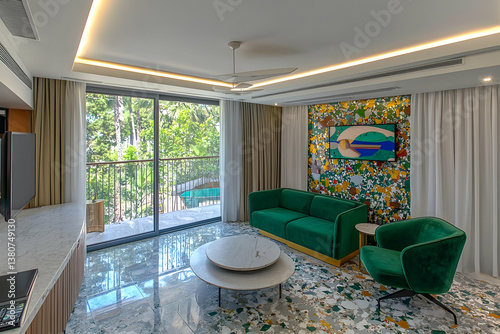 Modern suite living room, tropical view, marble floor, pool