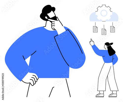 Man pondering with hand on chin while woman points at interconnected documents under a gear and cloud concept. Ideal for teamwork, strategy, decision-making, process planning, data management
