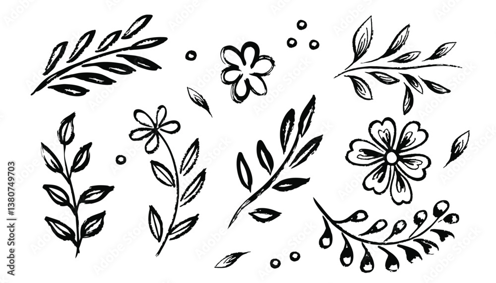 Fototapeta premium Flower abstract hand drawn brush ink stroke. Sketch hand drawn silhouette floral plant, nature graphic leaf, floral grunge abstract brush. Vector simple flower, leaf ink stroke. Vector illustration