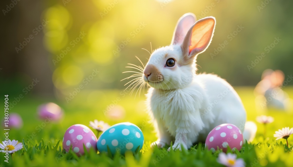 Fototapeta premium White Rabbit In Spring Meadow With Easter Eggs Featuring Playful Character Design And Vibrant Floral Elements For Festive Branding And Seasonal Storytelling, AI Generated