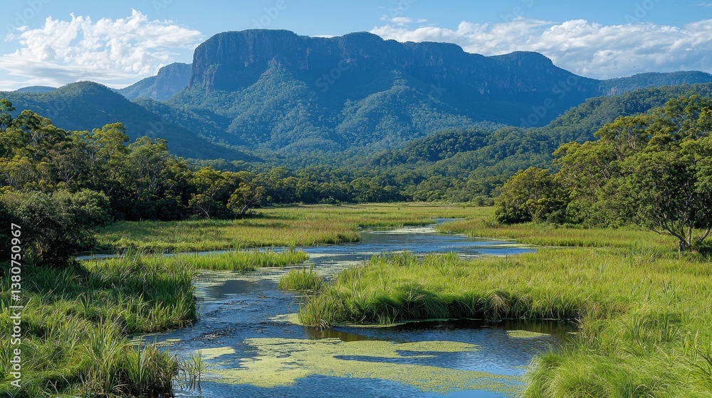Fototapeta premium Lush Green Wetlands with Majestic Mountains Under Clear Blue Sky