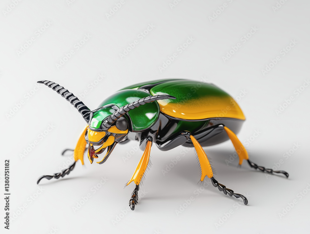 Naklejka premium Stunning 3d illustration of a green and yellow beetle highlighting its distinctive features against a bright background