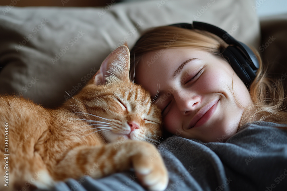 Smiling girl relaxing with cat and headphones at home Smiling girl relaxing with cat and headphones at home