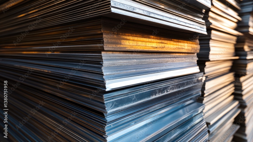 Fototapeta premium Stacks of metal sheets in different finishes, including brushed steel and polished aluminum.