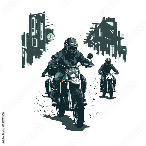 A bright, vibrant motocross vector art image on a white flat background, utilizing strong hard lig
ht, lively colors, and direct harsh shadows