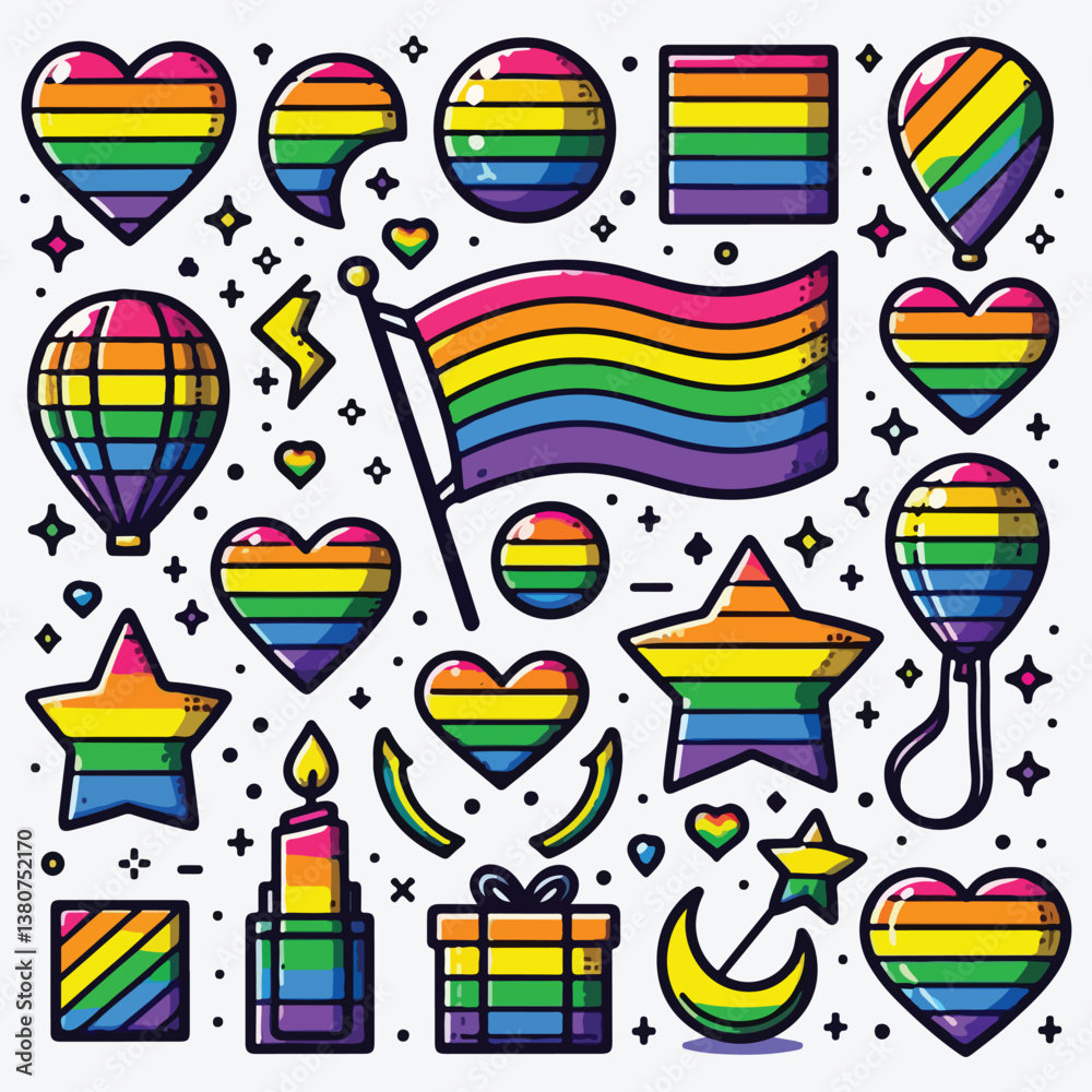 Fototapeta premium LGBT rainbow flag set. Gay pride month symbols set. Heart, rainbow, star etc. stock illustration