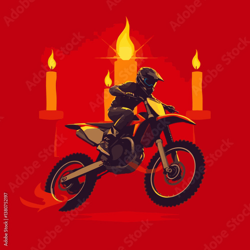 A bright, vibrant motocross vector art image on a white flat background, utilizing strong hard lig
ht, lively colors, and direct harsh shadows