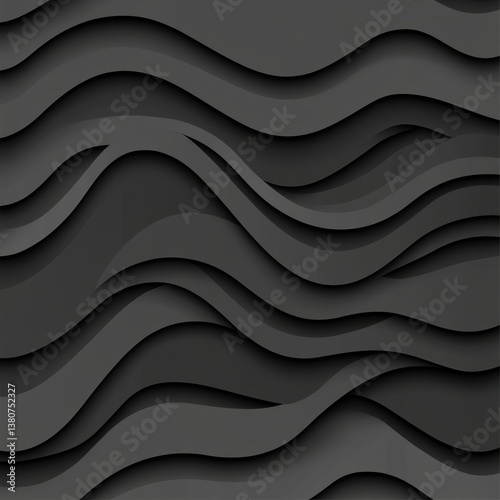 Abstract grayscale background with layered wavy lines creating a 3D effect. Dark gray shades and smooth curves dominate the image.