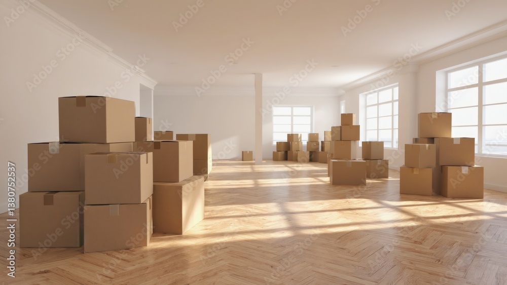 A cluttered room filled with many cardboard boxes