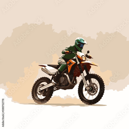 A bright, vibrant motocross vector art image on a white flat background, utilizing strong hard lig
ht, lively colors, and direct harsh shadows