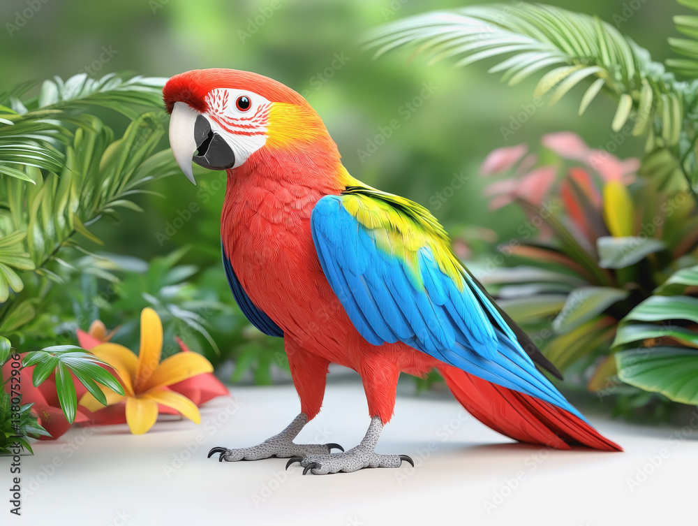 Obraz premium Colorful 3d illustration of a cute jungle parrot with vibrant feathers and detailed body in full view