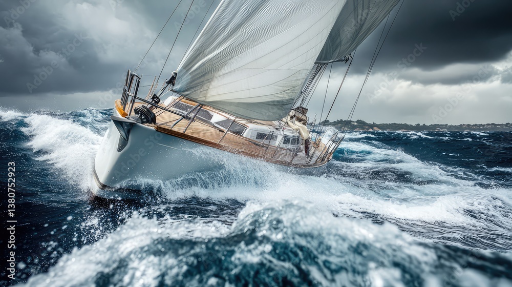 Naklejka premium A sailboat with white sails navigates through rough ocean waves under a dark