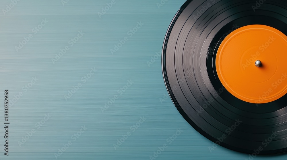 Fototapeta premium A close-up of a black vinyl record with an orange center, set against a soft blue background, capturing the nostalgia of music.