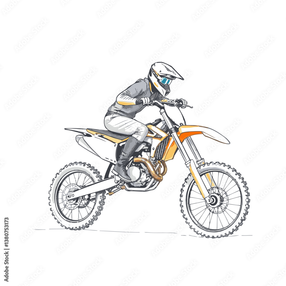 Obraz premium A bright, vibrant motocross vector art image on a white flat background, utilizing strong hard lig ht, lively colors, and direct harsh shadows