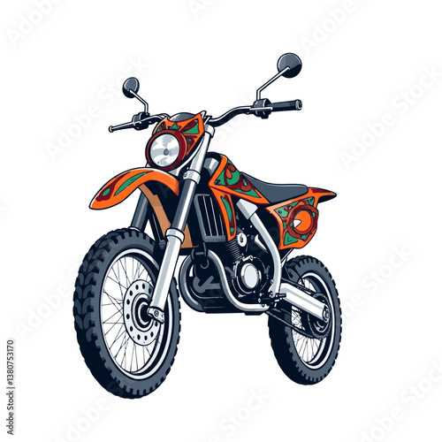 A bright, vibrant motocross vector art image on a white flat background, utilizing strong hard lig
ht, lively colors, and direct harsh shadows