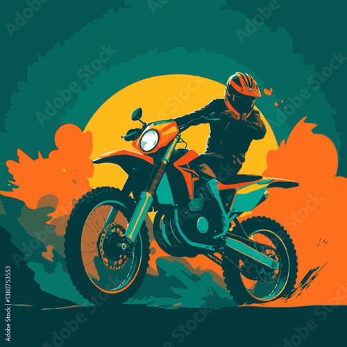 A bright, vibrant motocross vector art image on a white flat background, utilizing strong hard lig
ht, lively colors, and direct harsh shadows