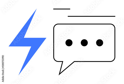 Blue lightning bolt and speech bubble with ellipsis highlight fast communication, energy, and ideas transfer. Ideal for speed, messaging, creativity, innovation, tech, brainstorming flat simple