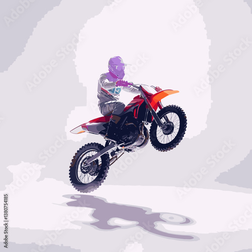 A bright, vibrant motocross vector art image on a white flat background, utilizing strong hard lig
ht, lively colors, and direct harsh shadows
