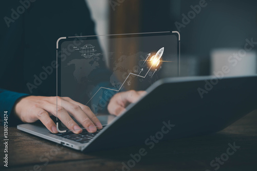 businessman launch rocket, startup concept. entrepreneurship starts with digital technology and the growth of an online business. progress of Leadership and new business success