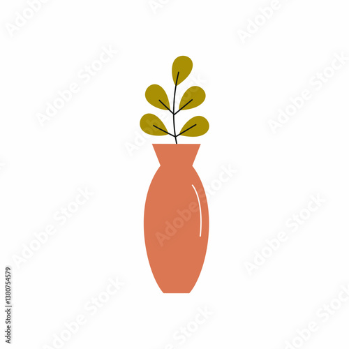 vase with sprig of houseplant on white background. Illustration of ceramics. element of interior of house.