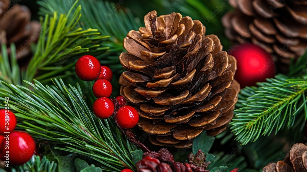 Fototapeta premium Festive pine cone, holly berries, and evergreen wreath detail, Christmas card design