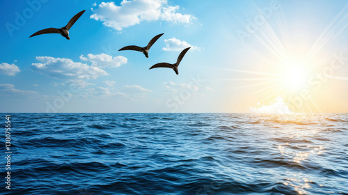 Surreal Environmental Warning, serene ocean view with birds flying toward bright sunbeam