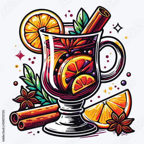 Mulled wine in a glass with a handle stock illustration