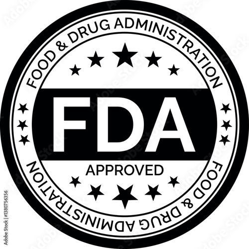 Circular FDA approved badge with bold text, black and white design, and stars representing certification and safety	