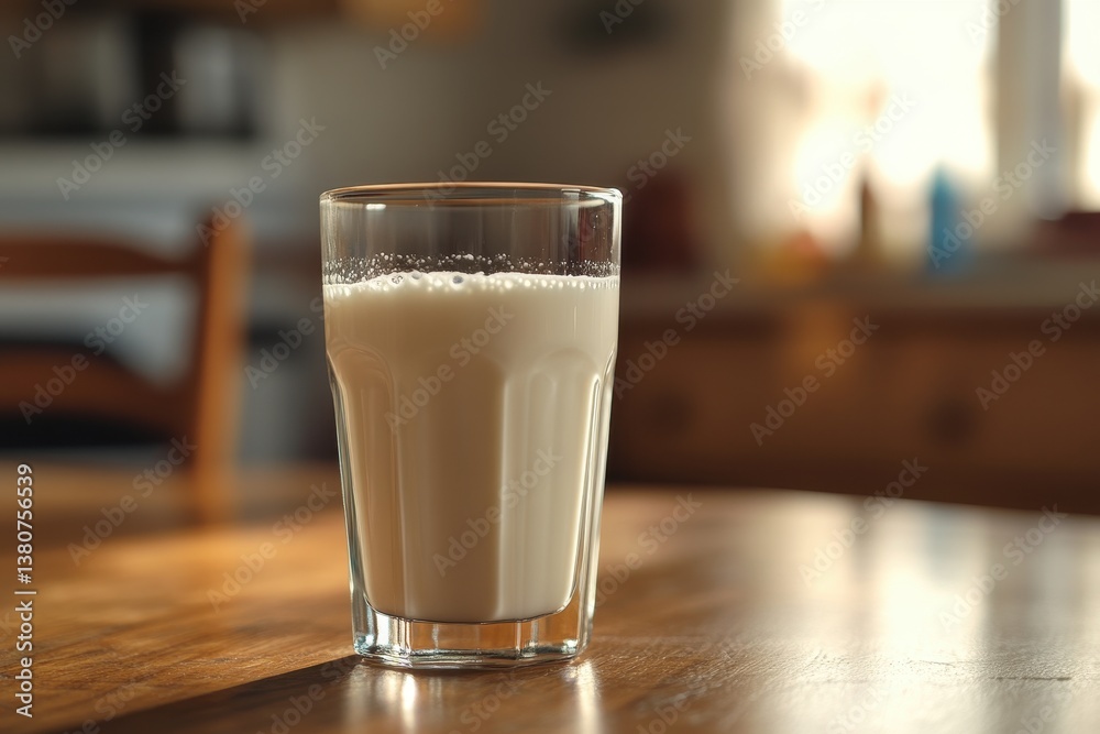 Fresh Milk in a Tall Glass on a Wooden Table with Soft Lighting Fresh Milk in a Tall Glass on a Wooden Table with Soft Lighting