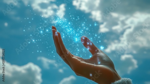 Hand holding glowing blue particles against a bright sky.