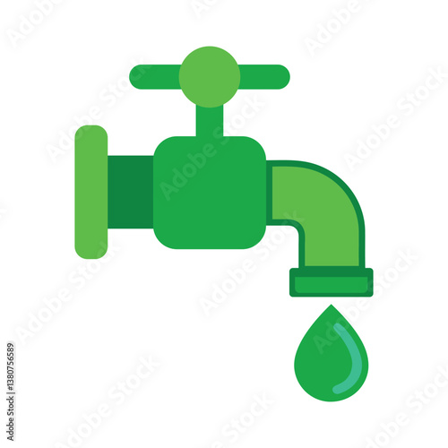 Simple green faucet icon with water drop, illustrating water conservation.