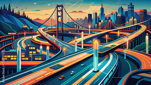 High angle view of light trails from tail lights on freeway leading into San Francisco
