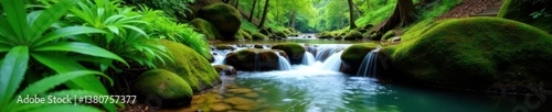 Clear water flows over mossy rocks, abundant ferns line the banks , nature, green